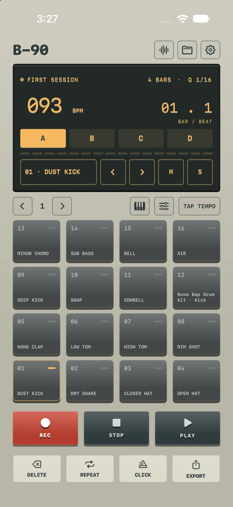 B-90 drum pads and pattern controls