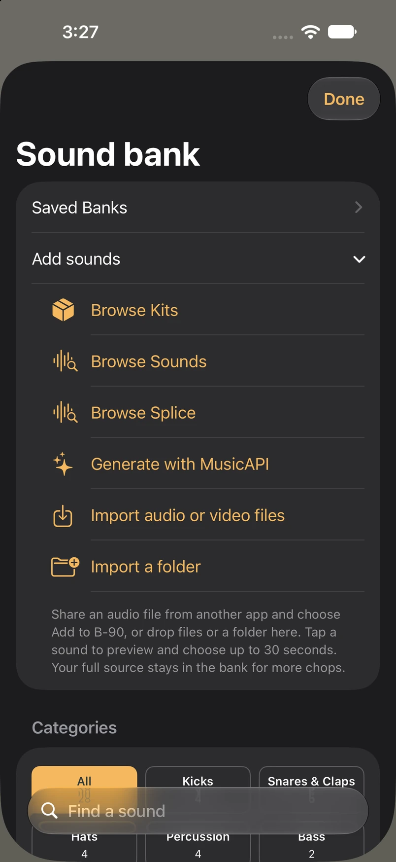 B-90 sound bank with Add sounds open, showing Splice, MusicAPI, and file import options
