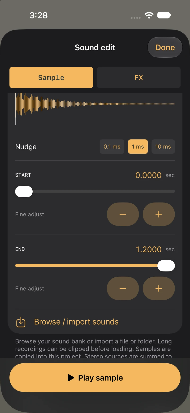 Actual sample editor showing waveform and precision trim controls